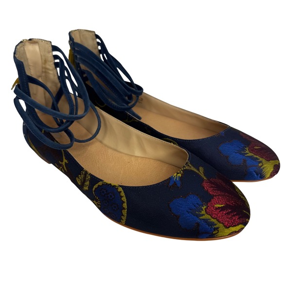 Dr. Scholls Vonne Sz 8 M Blue Floral Fabric and Leather Lace-Up Flats Balletcore - Picture 1 of 11